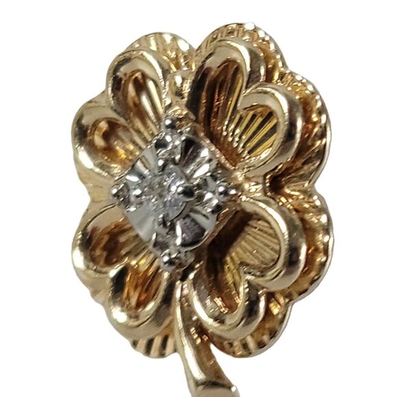 VTG 14kt Solid Yellow Gold Genuine Diamond 4 Leaf Clover Pin Tie Tack 5.48g 10mm - Picture 3 of 13